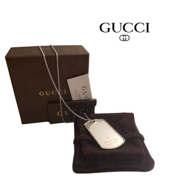 GUCCI Dog Tag Pendant on Unbranded Chain - With Box - All Sterling Silver - Picture 1 of 8